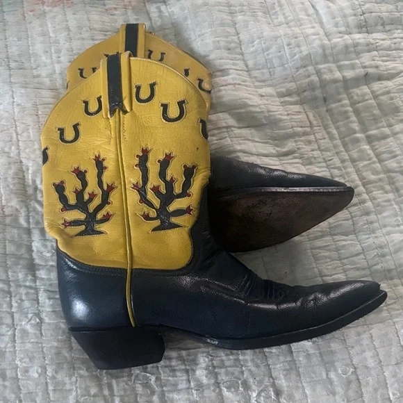 LARRY MAHAN Women's GORGEOUS Vintage Inlay Yellow and Blue Cowboy Boots - Picture 1 of 8